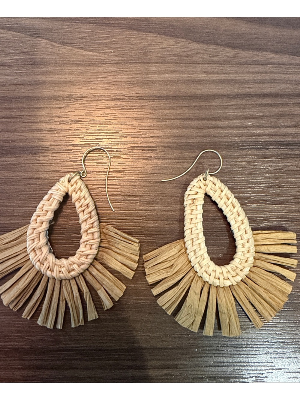 Boho Natural Raffia Teardrop Fringe Earrings - Beige